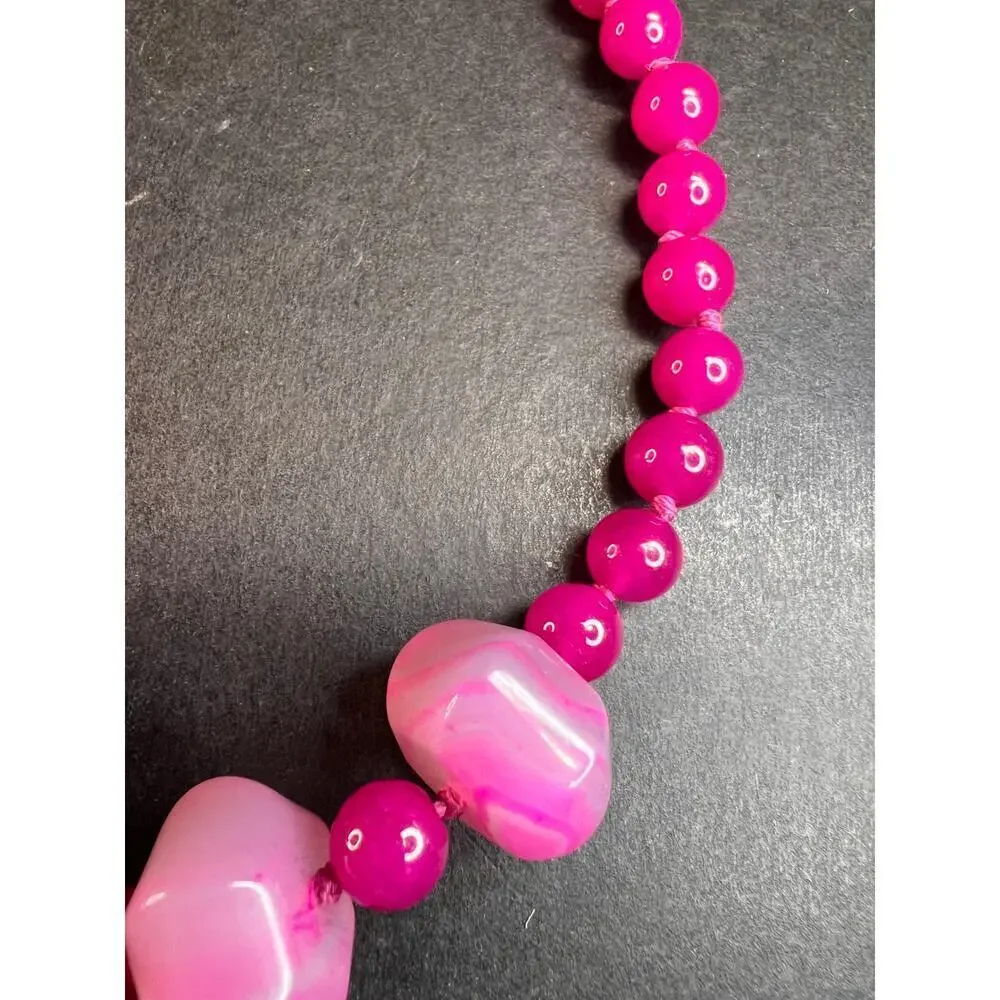 NEW Fuchsia pink dyed agate beaded necklace with sterling silver clasp
